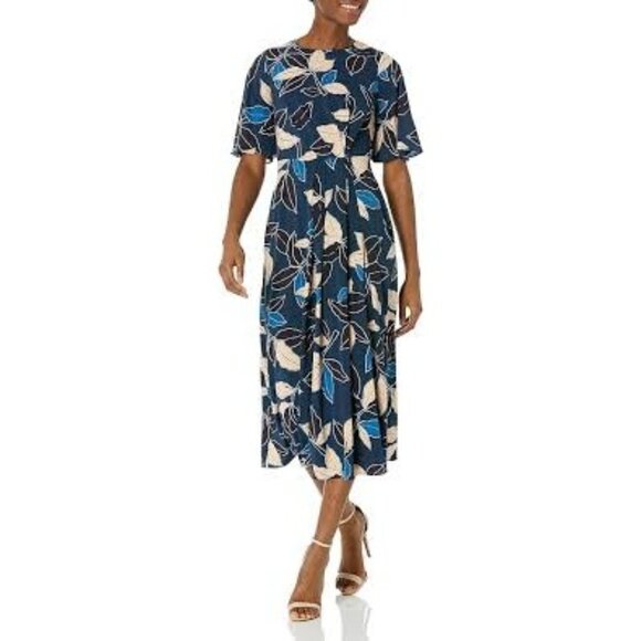 Maggy London Women's Leaf Print Midi Dress Flutter Sleeves Size 4 NWT - Picture 1 of 7